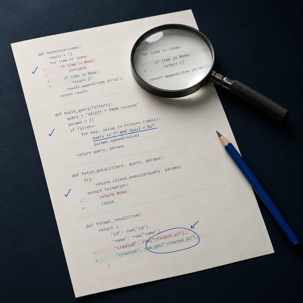 Illustrative close-up of a code review with a magnifying glass and pencil