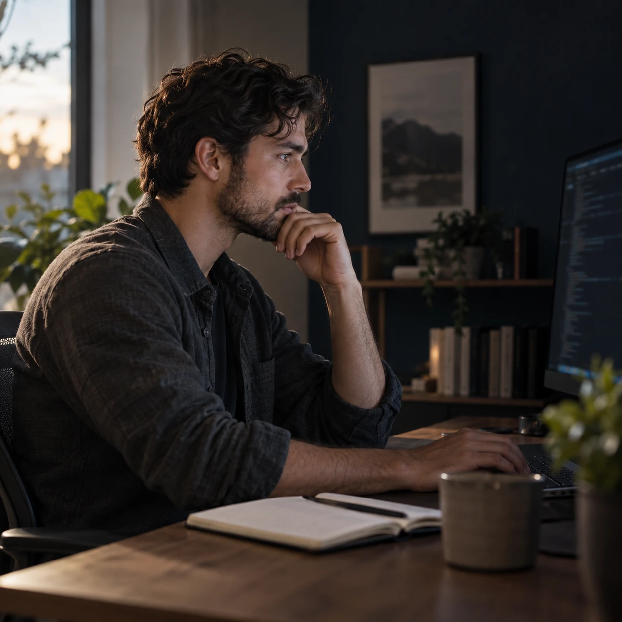 Software expert thoughtfully reviewing code at a sunlit desk