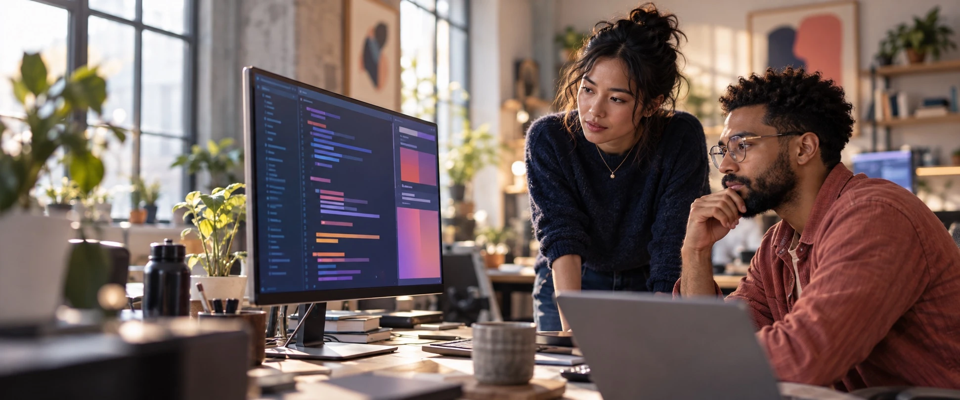 Two software experts examining code together